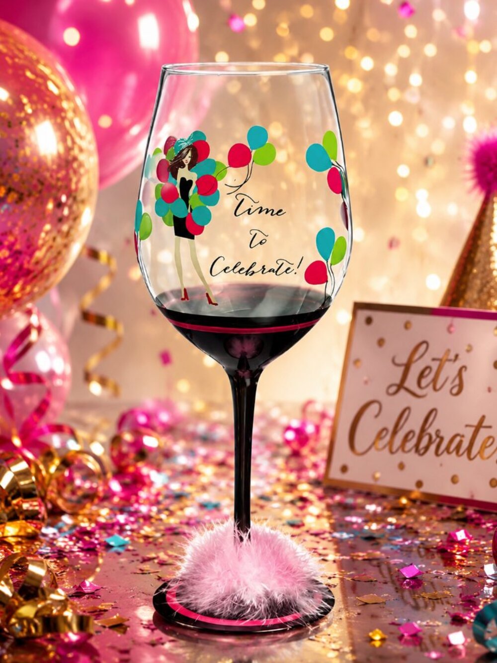 XL Time to Celebrate Hand-Painted Wine Glass w Pink Marabou Feathers